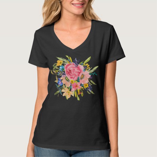 Waterverf Roos Floral Bouquet T-shirt (Voorkant)
