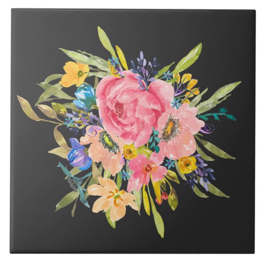 Waterverf Roos Floral Bouquet Tegeltje (Voorkant)