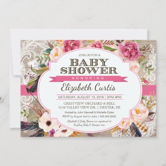 Waterverf Roos Floral & Lace Boho Baby shower Kaart (Voorkant)
