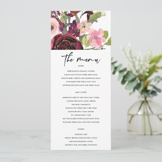 WATERVERF ROOS FLORAL MENU VAN GOLD BLUSH BURGUNDY (Staand voorkant)