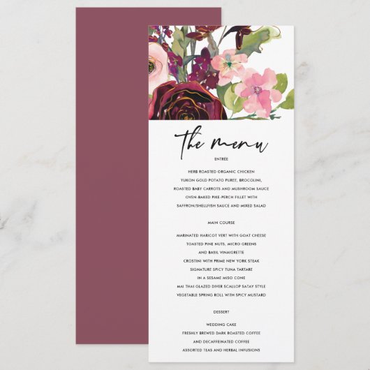WATERVERF ROOS FLORAL MENU VAN GOLD BLUSH BURGUNDY (Voorkant / Achterkant)