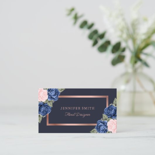 Waterverf Roos Floral Pink Navy Blue Roos Gold Visitekaartje (Staand voorkant)