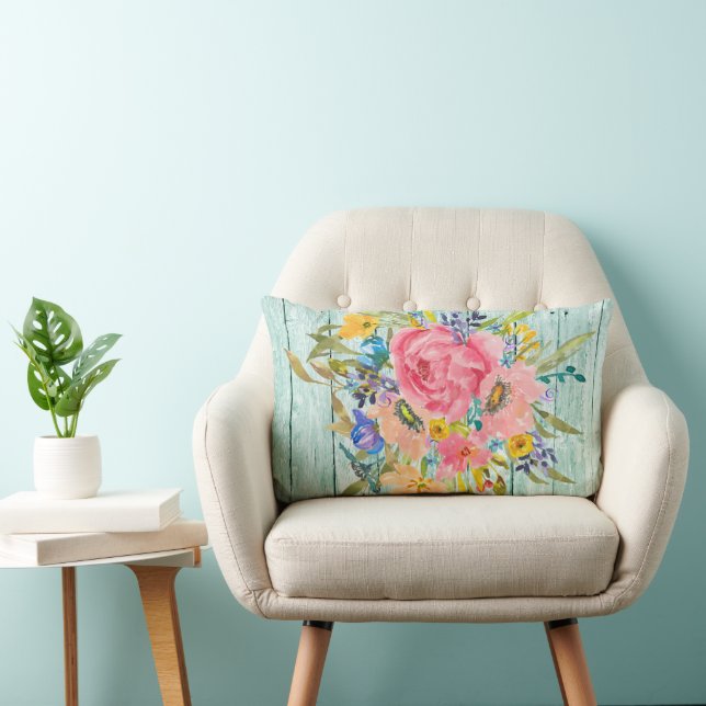 Waterverf Roos Floral Spray op Chippy Aqua Kussen (Stoel)