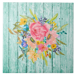 Waterverf Roos Floral Spray op Chippy Aqua Tegeltje
