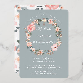 Waterverf Roos Floral Wreatbaptisme 1ste verjaarda Folie Uitnodiging