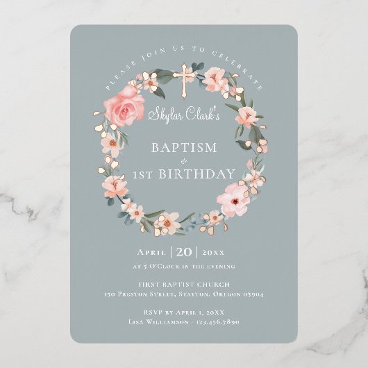 Waterverf Roos Floral Wreatbaptisme 1ste verjaarda Folie Uitnodiging (Voorkant)