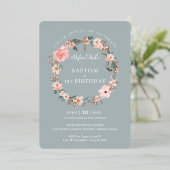 Waterverf Roos Floral Wreatbaptisme 1ste verjaarda Folie Uitnodiging (Staand Voorkant)