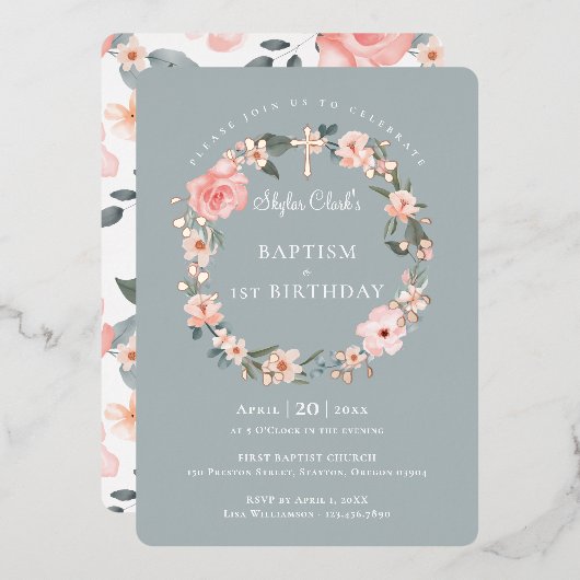 Waterverf Roos Floral Wreatbaptisme 1ste verjaarda Folie Uitnodiging (Voorkant / Achterkant)