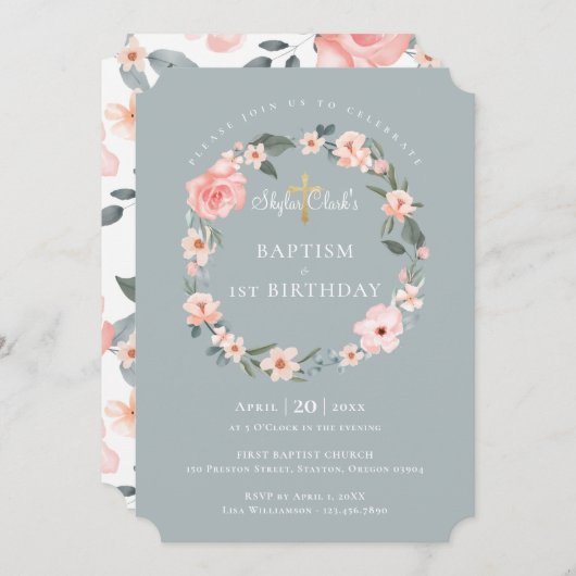 Waterverf Roos Floral Wreatbaptisme 1ste verjaarda Kaart (Voorkant / Achterkant)