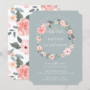Waterverf Roos Floral Wreatbaptisme 1ste verjaarda Kaart