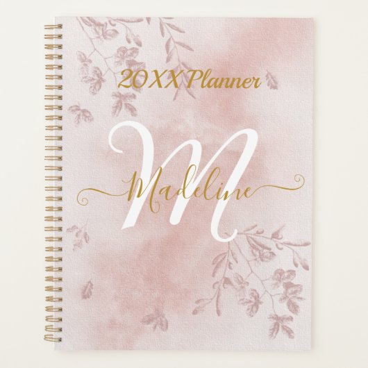 Waterverf Roos Gold Leaves Monogram Planner (Voorkant)