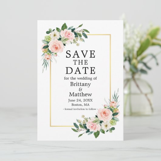 Waterverf Roos Gold Lijst Roze Blush Save The Date (Staand voorkant)
