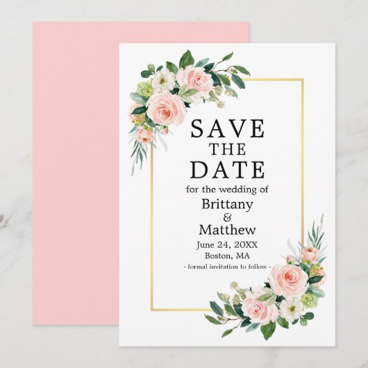 Waterverf Roos Gold Lijst Roze Blush Save The Date (Voorkant / Achterkant)