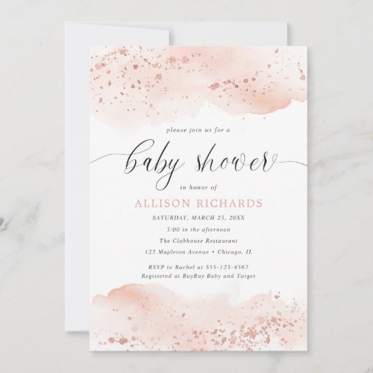 Waterverf roos gouden blush roze meisje baby showe kaart (Voorkant)