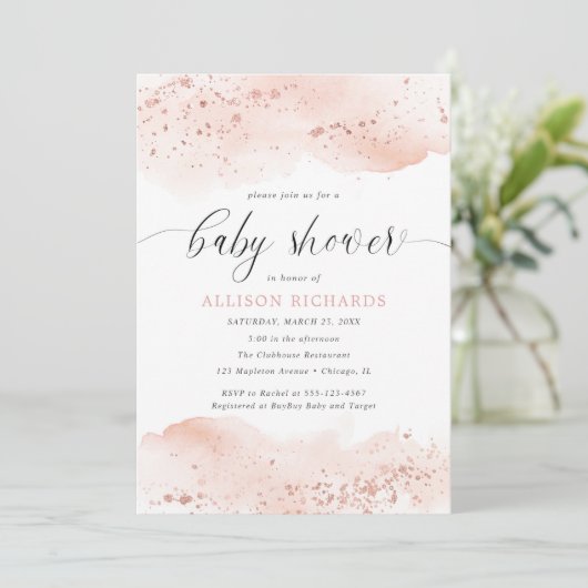 Waterverf roos gouden blush roze meisje baby showe kaart (Staand voorkant)