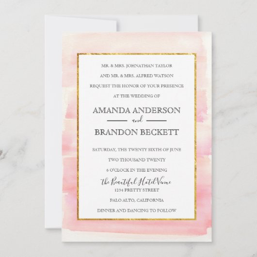 Waterverf Roos gouden foto bruiloft uitnodiging (Voorkant)