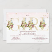 Waterverf Roos Gouden Glitter Baby Meisje Douche Kaart (Voorkant)