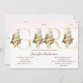 Waterverf Roos Gouden Glitter Baby Meisje Douche Kaart