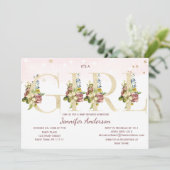 Waterverf Roos Gouden Glitter Baby Meisje Douche Kaart (Staand voorkant)