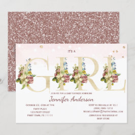 Waterverf Roos Gouden Glitter Baby Meisje Douche Kaart