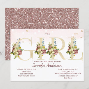 Waterverf Roos Gouden Glitter Baby Meisje Douche Kaart
