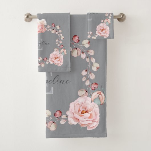 Waterverf Roos krans gepersonaliseerd | Gray Bad Handdoek (Insitu)