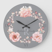 Waterverf Roos krans gepersonaliseerd | Gray Grote Klok (Voorkant)