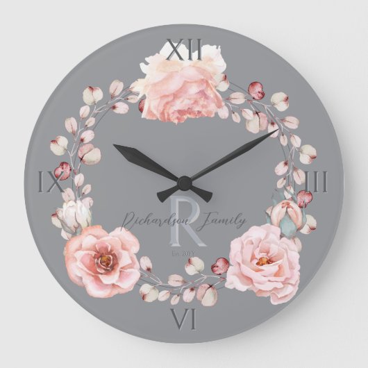 Waterverf Roos krans gepersonaliseerd | Gray Grote Klok (Voorkant)