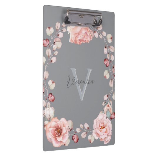 Waterverf Roos krans gepersonaliseerd | Gray Klembord (Rechts)
