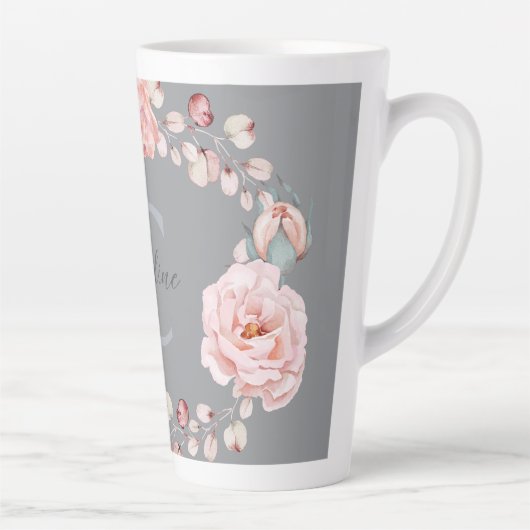 Waterverf Roos krans gepersonaliseerd | Gray Latte Mok (Rechts)