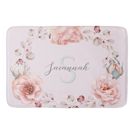 Waterverf Roos krans gepersonaliseerd | Roze Badmat (Voorkant)