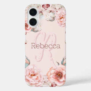 Waterverf Roos krans gepersonaliseerd Roze iPhone 16 Hoesje