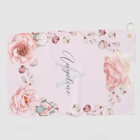 Waterverf Roos krans gepersonaliseerd | Roze Golfhanddoek (Horizontaal)