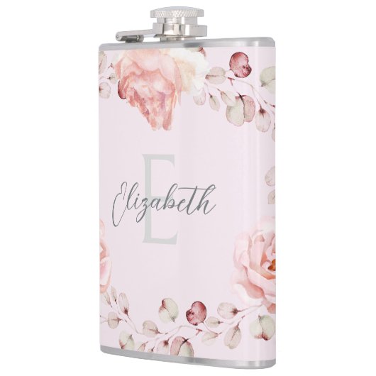 Waterverf Roos krans gepersonaliseerd | Roze Heupfles (Links)