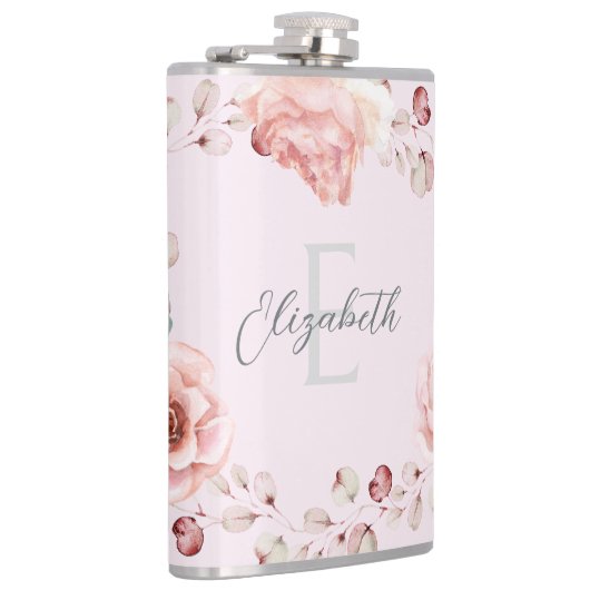 Waterverf Roos krans gepersonaliseerd | Roze Heupfles (Rechts)