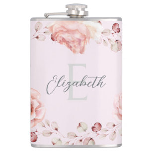 Waterverf Roos krans gepersonaliseerd   Roze Heupfles