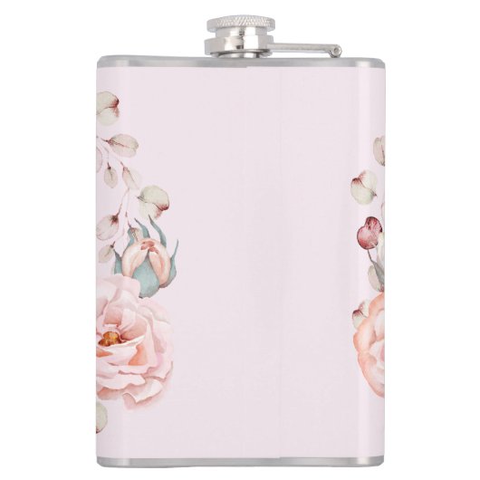 Waterverf Roos krans gepersonaliseerd | Roze Heupfles (Achterkant)