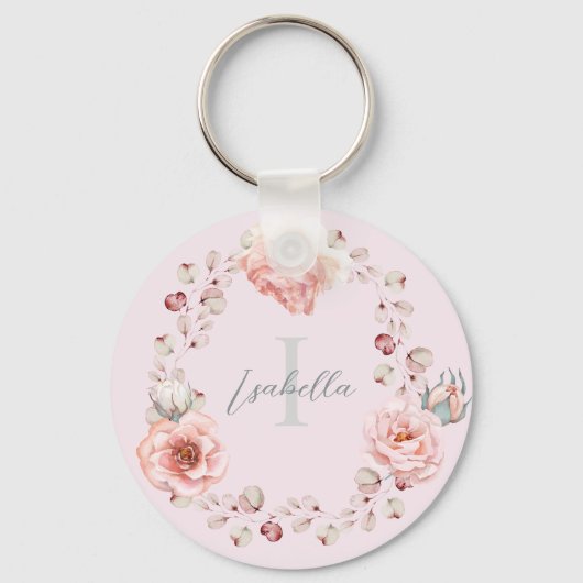 Waterverf Roos krans gepersonaliseerd | Roze Sleutelhanger (Achterkant)