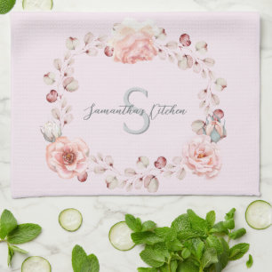 Waterverf Roos krans gepersonaliseerd Roze Theedoek
