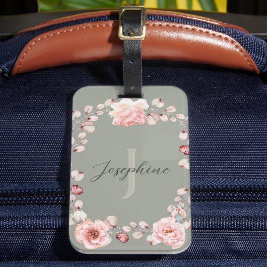 Waterverf Roos krans gepersonaliseerd | Sage Green Bagagelabel (Voorkant Insitu 2)