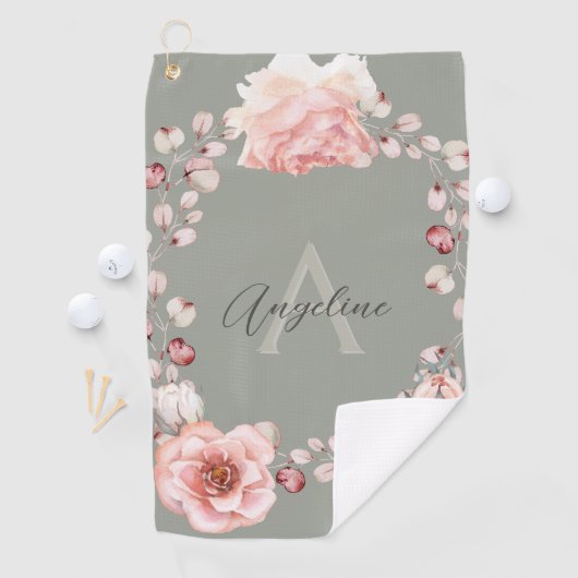 Waterverf Roos krans gepersonaliseerd | Sage Green Golfhanddoek (Insitu)