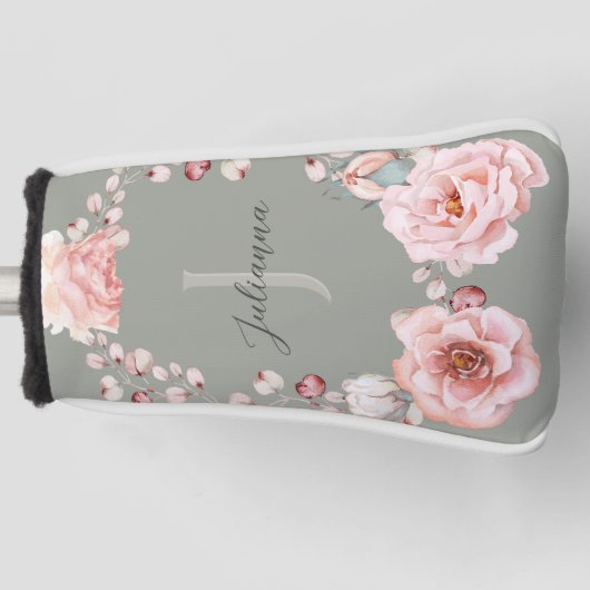 Waterverf Roos krans gepersonaliseerd | Sage Green Golfheadcover (Voorkant)