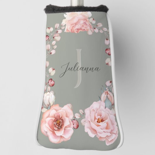 Waterverf Roos krans gepersonaliseerd | Sage Green Golfheadcover (Draai 90)