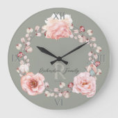 Waterverf Roos krans gepersonaliseerd | Sage Green Grote Klok (Voorkant)