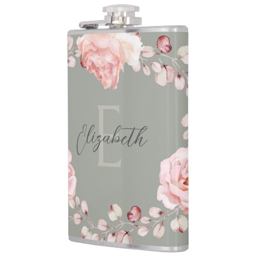 Waterverf Roos krans gepersonaliseerd | Sage Green Heupfles (Links)