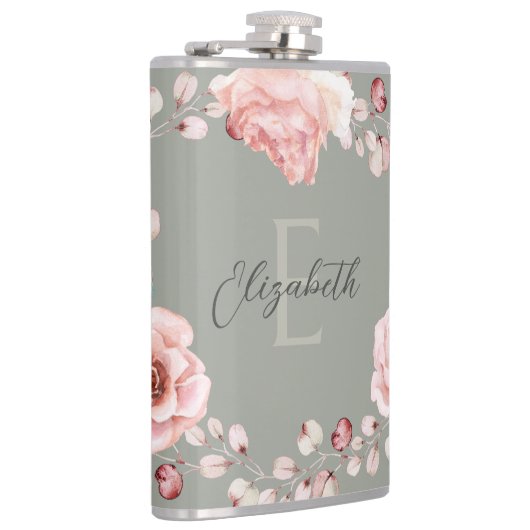 Waterverf Roos krans gepersonaliseerd | Sage Green Heupfles (Rechts)