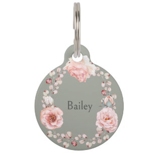 Waterverf Roos krans gepersonaliseerd   Sage Green Huisdierpenning