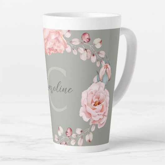 Waterverf Roos krans gepersonaliseerd | Sage Green Latte Mok (Rechterhoek)