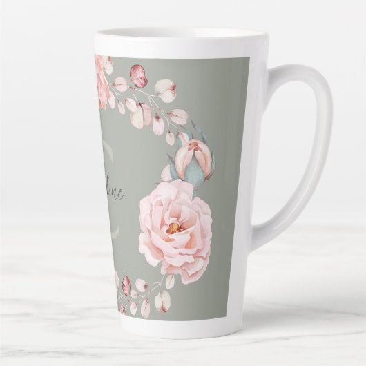 Waterverf Roos krans gepersonaliseerd | Sage Green Latte Mok (Rechts)