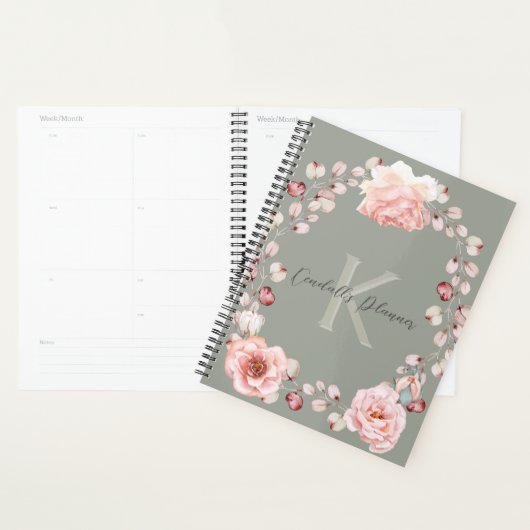 Waterverf Roos krans gepersonaliseerd | Sage Green Planner (Display)